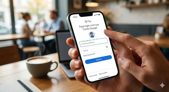 Close na m&atilde;o de um usu&aacute;rio segurando um iPhone em um caf&eacute;. A tela do aparelho mostra a interface de login do Google Pay (Carteira do Google), com os campos em portugu&ecirc;s para inserir o 'E-mail ou telefone' e a 'Senha' da Conta Google. O dedo indicador do usu&aacute;rio est&aacute; prestes a digitar no campo de senha