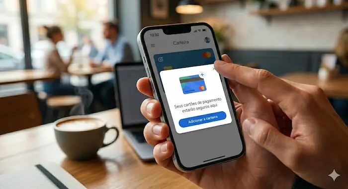 Close em um smartphone iPhone sendo segurado por uma pessoa em um caf&eacute;. A tela exibe o aplicativo do Google Pay (Carteira do Google) aberto na se&ccedil;&atilde;o 'Carteira'. Uma janela pop-up centralizada exibe a mensagem em portugu&ecirc;s 'Seus cart&otilde;es de pagamento estar&atilde;o seguros aqui' com um bot&atilde;o azul destacado escrito 'Adicionar &agrave; carteira'. O dedo do usu&aacute;rio est&aacute; tocando a tela.