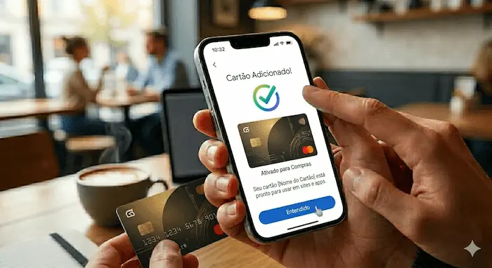 Close na m&atilde;o de um usu&aacute;rio em um caf&eacute; segurando um iPhone que exibe a tela de confirma&ccedil;&atilde;o de sucesso do aplicativo Google Pay (Carteira do Google). Na tela, l&ecirc;-se em portugu&ecirc;s 'Cart&atilde;o Adicionado!', acompanhado por um grande &iacute;cone de check verde e azul sobre a miniatura do cart&atilde;o de cr&eacute;dito. Abaixo, o texto informativo 'Ativado para Compras. Seu cart&atilde;o est&aacute; pronto para usar em sites e apps' com um bot&atilde;o azul escrito 'Entendido