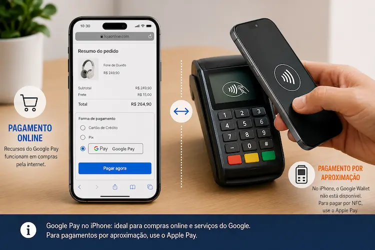 iPhone ao lado de uma compra online e uma maquininha de cartão representando as limitações do Google Pay no iOS