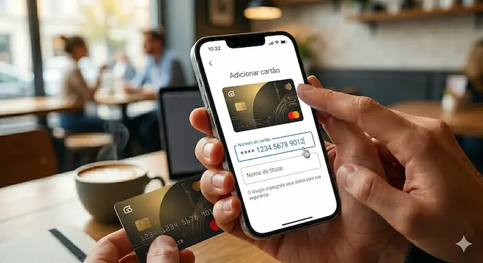 Vista em close de um usu&aacute;rio em um caf&eacute; segurando um iPhone com a m&atilde;o direita e um cart&atilde;o de cr&eacute;dito f&iacute;sico preto e dourado com a m&atilde;o esquerda. A tela do iPhone exibe o aplicativo do Google Pay (Carteira do Google) na se&ccedil;&atilde;o 'Adicionar cart&atilde;o', mostrando os campos em portugu&ecirc;s para digita&ccedil;&atilde;o do 'N&uacute;mero do cart&atilde;o' e 'Nome do titular'. O texto de seguran&ccedil;a 'O Google criptografa seus dados para sua seguran&ccedil;a' est&aacute; vis&iacute;vel na tela.