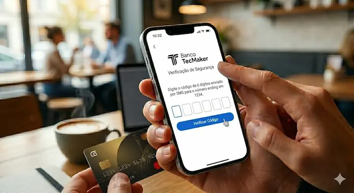 Close na tela de um iPhone em um caf&eacute; exibindo a interface em portugu&ecirc;s do aplicativo Google Pay (Carteira do Google) na etapa 'Verifica&ccedil;&atilde;o de Seguran&ccedil;a'. A tela mostra o logotipo fict&iacute;cio 'Banco TecMaker' e os campos vazios para digita&ccedil;&atilde;o do c&oacute;digo de verifica&ccedil;&atilde;o de 6 d&iacute;gitos enviado por SMS, al&eacute;m do bot&atilde;o azul 'Verificar C&oacute;digo'.