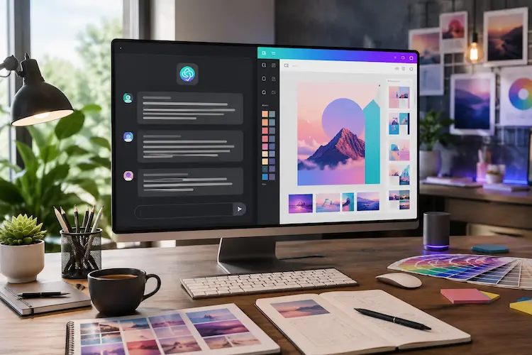 Tela de computador com interface de chat de IA e editor de design visual lado a lado, representando o uso do ChatGPT com Canva para criar posts, apresentações e conteúdos digitais.