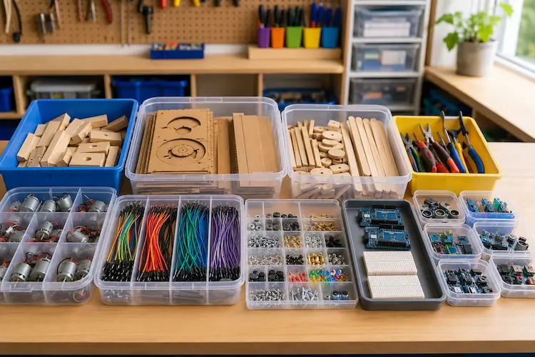 Materiais maker escolares organizados em caixas com papel&atilde;o, motores, fios, sensores, madeira, ferramentas e componentes eletr&ocirc;nicos.