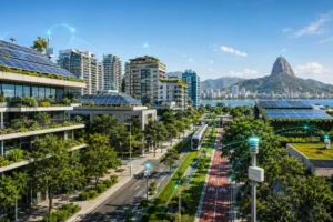 Cidade inteligente e sustentável com prédios modernos, áreas verdes, energia solar, transporte limpo e conexões digitais urbanas.