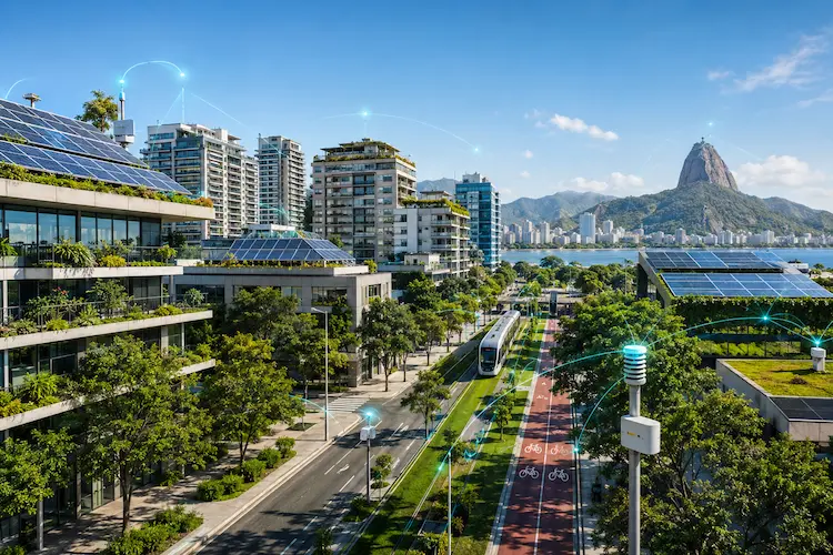Cidade inteligente e sustentável com prédios modernos, áreas verdes, energia solar, transporte limpo e conexões digitais urbanas.