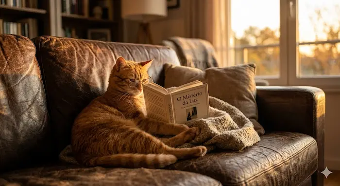 Fotografia em close-up de um gato malhado laranja usando &oacute;culos, deitado confortavelmente em um sof&aacute; de couro marrom desgastado. O gato segura um livro aberto com o t&iacute;tulo "O Mist&eacute;rio da Luz" com suas patas e parece estar lendo. Uma luz dourada e quente do final da tarde entra pela janela ao fundo, iluminando a cena e uma estante cheia de livros.