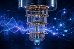 Computador quântico em laboratório futurista com estrutura criogênica, luzes azuis e visualizações abstratas de qubits e ondas quânticas.