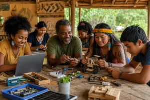 Oficina maker comunitária com jovens e adultos de comunidades quilombolas e indígenas colaborando em protótipo com notebook, eletrônicos, madeira e ferramentas manuais.