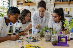 Professor orientando alunos em laboratório de biologia DIY escolar, com microscópio, plantas, tubos de ensaio e componentes maker sobre a bancada.
