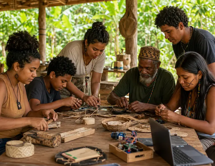 Oficina comunitária com jovens e adultos trabalhando juntos com materiais naturais, ferramentas manuais, notebook e kit eletrônico, representando a cultura maker como colaboração, território e aprendizagem prática.