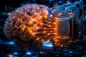 Imagem macro cinematográfica de um cérebro humano conectado a um chip neuromórfico avançado por pulsos luminosos em tons neon azul e laranja, representando sinapses artificiais e integração entre neurociência e computação de IA em ambiente tecnológico futurista.