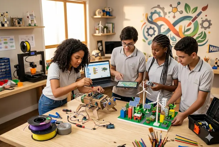 Fotografia de quatro estudantes adolescentes trabalhando de forma colaborativa em um moderno laboratório maker, ilustrando a aplicação do STEAM no ensino. Eles estão ao redor de uma mesa construindo um robô com materiais recicláveis e placas Arduino, enquanto programam em um notebook e analisam uma maquete de cidade sustentável com painéis solares e turbinas eólicas. Ao fundo, uma impressora 3D e um mural colorido representam a união entre tecnologia, ciência e arte