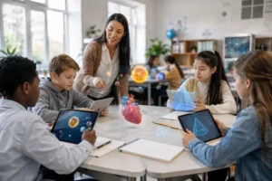 Professora orienta alunos usando tablets em sala de aula com realidade aumentada, exibindo modelos 3D de sistema solar, coração e formas geométricas.