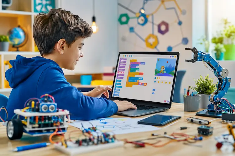 Crian&ccedil;a aprendendo programa&ccedil;&atilde;o por blocos em laptop, com rob&ocirc;s, eletr&ocirc;nicos e projetos maker em uma sala de aula tecnol&oacute;gica.