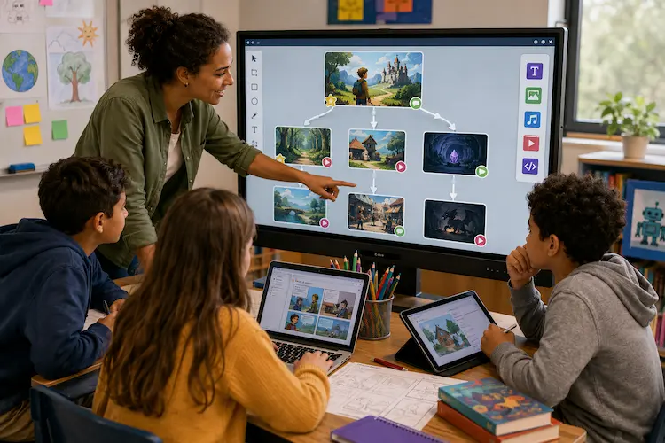 Professora e alunos criando uma narrativa interativa em uma tela digital com diferentes caminhos de hist&oacute;ria.