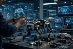 Técnico ajusta robô quadrúpede em laboratório futurista com circuitos, sensores e telas de análise, representando tecnologia antifrágil que aprende com falhas.