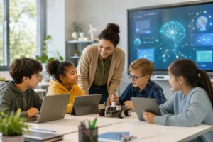 Professora orientando alunos em sala de aula moderna com notebooks, tablet, robô educacional e tela com elementos de inteligência artificial, representando tecnologias educacionais na prática.