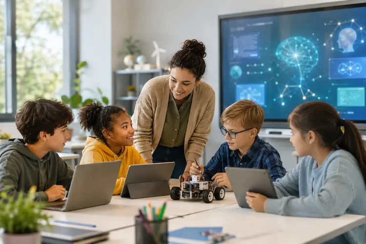 Professora orientando alunos em sala de aula moderna com notebooks, tablet, rob&ocirc; educacional e tela com elementos de intelig&ecirc;ncia artificial, representando tecnologias educacionais na pr&aacute;tica.