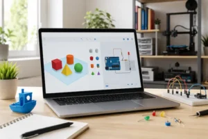 Notebook exibindo modelagem 3D e simulação de circuito Arduino em uma bancada maker com componentes eletrônicos e peça impressa em 3D.