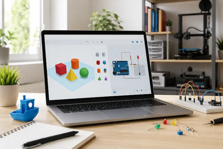 Notebook exibindo modelagem 3D e simulação de circuito Arduino em uma bancada maker com componentes eletrônicos e peça impressa em 3D.
