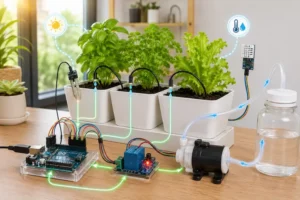 Mini horta inteligente com sensores, Arduino, bomba d’água e sistema de irrigação automática mostrando o funcionamento da automação.