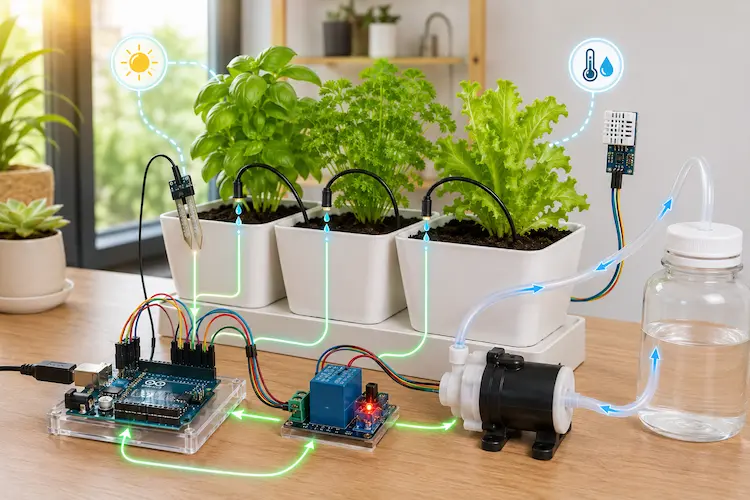 Mini horta inteligente com sensores, Arduino, bomba d&rsquo;&aacute;gua e sistema de irriga&ccedil;&atilde;o autom&aacute;tica mostrando o funcionamento da automa&ccedil;&atilde;o.