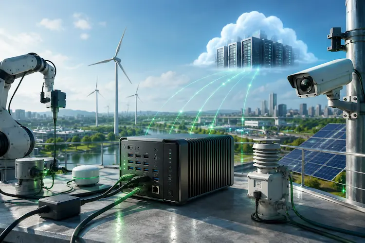 Servidor de computa&ccedil;&atilde;o de borda conectado a sensores industriais, c&acirc;mera, pain&eacute;is solares e turbinas e&oacute;licas em uma cidade inteligente.