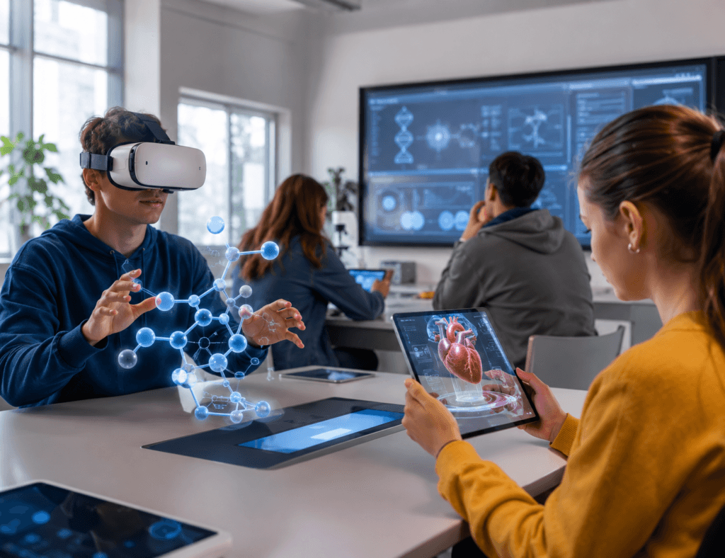Alunos usando &oacute;culos de realidade virtual e tablet com modelos 3D em sala de aula, representando realidade aumentada, realidade virtual e laborat&oacute;rios virtuais na educa&ccedil;&atilde;o.