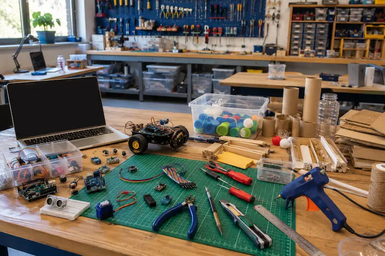 Bancada de espa&ccedil;o maker com Arduino, sensores, notebook, ferramentas manuais, fios e materiais recicl&aacute;veis para projetos educacionais.