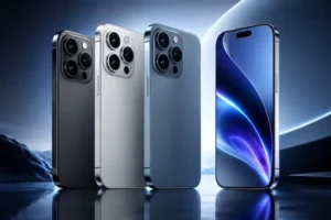 Linha de smartphones premium em ambiente futurista, representando o iPhone 17, seus modelos, design moderno, câmeras avançadas e novas tecnologias mobile.