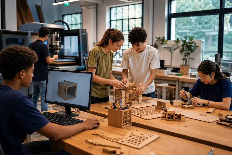 Jovens em oficina maker de marcenaria digital usando computador, peças de madeira, ferramentas e máquina CNC para criar projetos colaborativos.