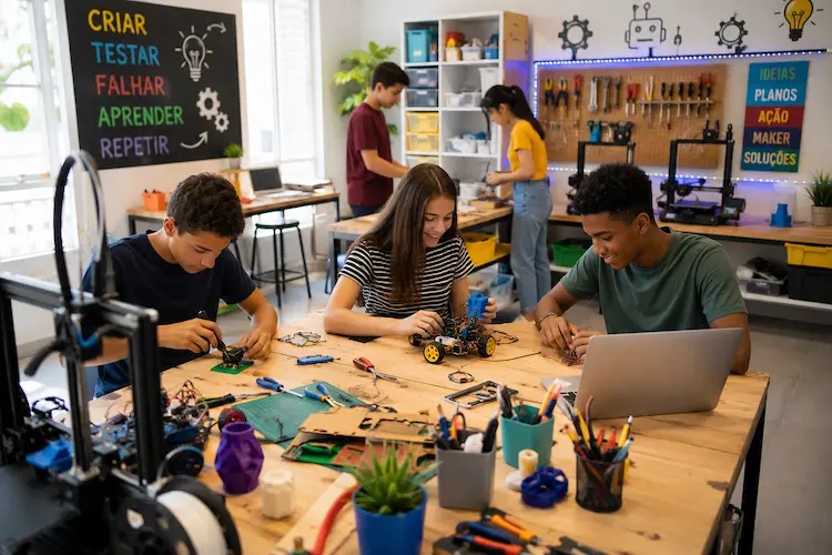 Alunos desenvolvendo projetos de robótica em sala maker escolar com mesas colaborativas, ferramentas, impressoras 3D, notebook e materiais de prototipagem.