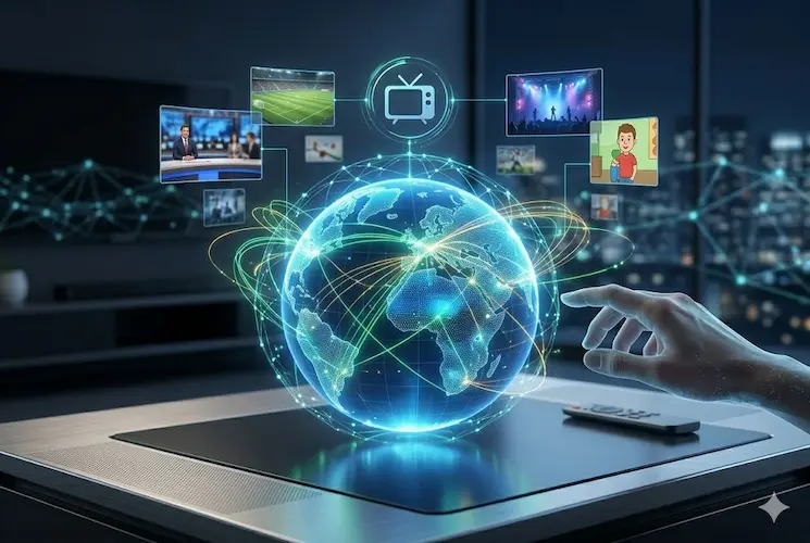 A detailed fotorrealistic featured image concept showing a human hand interacting with a glowing, futuristic holographic globe of Earth, which is a global interactive TV hub. Numerous abstract, non-verbal micro-broadcast panels of diverse TV genres, such as sports, news, concerts, and cartoons, float around the globe and connect to different countries with light trails. At the top of the network, a stylized icon of a TV set with an antenna is prominent. The setting is dark, tech-rich, and detailed with light effects, with a blurred data network cityscape in the background. No verbal text.
