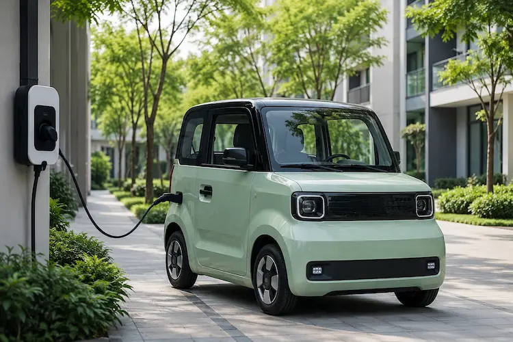 Mini carro el&eacute;trico compacto carregando em tomada residencial dentro de um p&aacute;tio urbano moderno, com &aacute;rvores, pr&eacute;dio ao fundo e ambiente limpo de mobilidade sustent&aacute;vel.