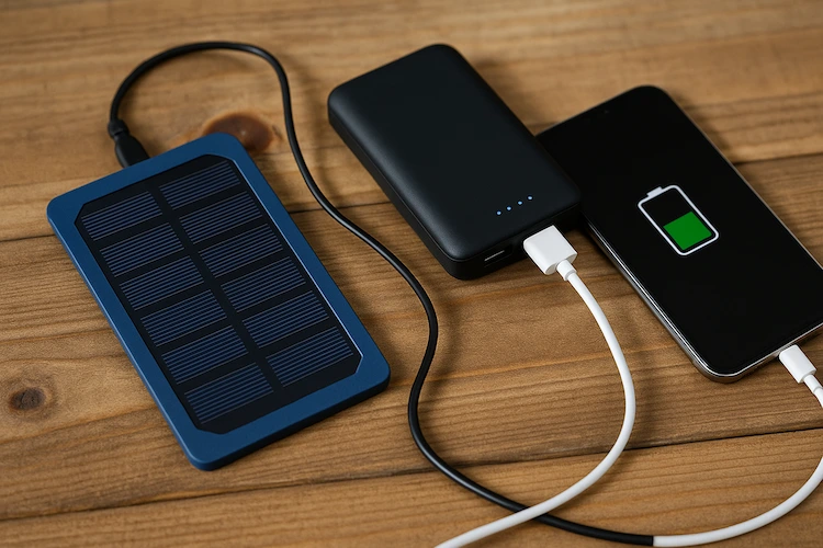Carregador solar portátil conectado a powerbank reciclada