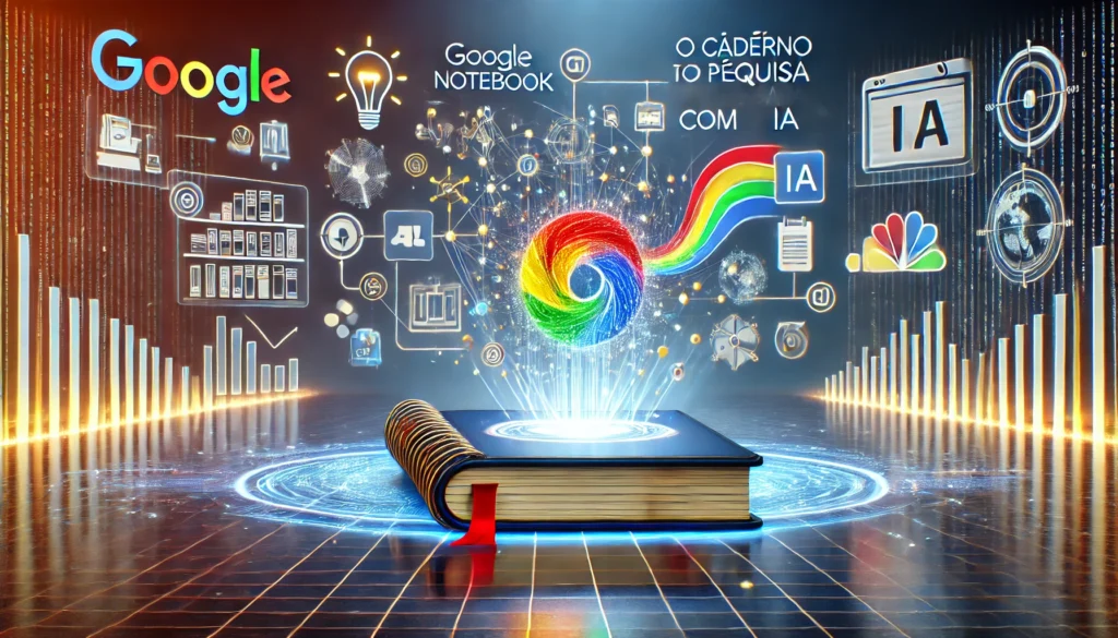 Ilustra&ccedil;&atilde;o digital de um ambiente de pesquisa com o Google NotebookLM, mostrando um livro aberto, gr&aacute;ficos de dados, &iacute;cones de intelig&ecirc;ncia artificial e elementos visuais de organiza&ccedil;&atilde;o do conhecimento.
