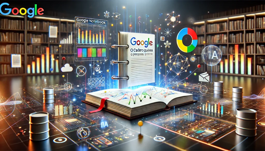 Ilustra&ccedil;&atilde;o de um ambiente de pesquisa digital com livros, gr&aacute;ficos, dados e &iacute;cones de intelig&ecirc;ncia artificial, representando o uso do Google NotebookLM para organizar e analisar informa&ccedil;&otilde;es.