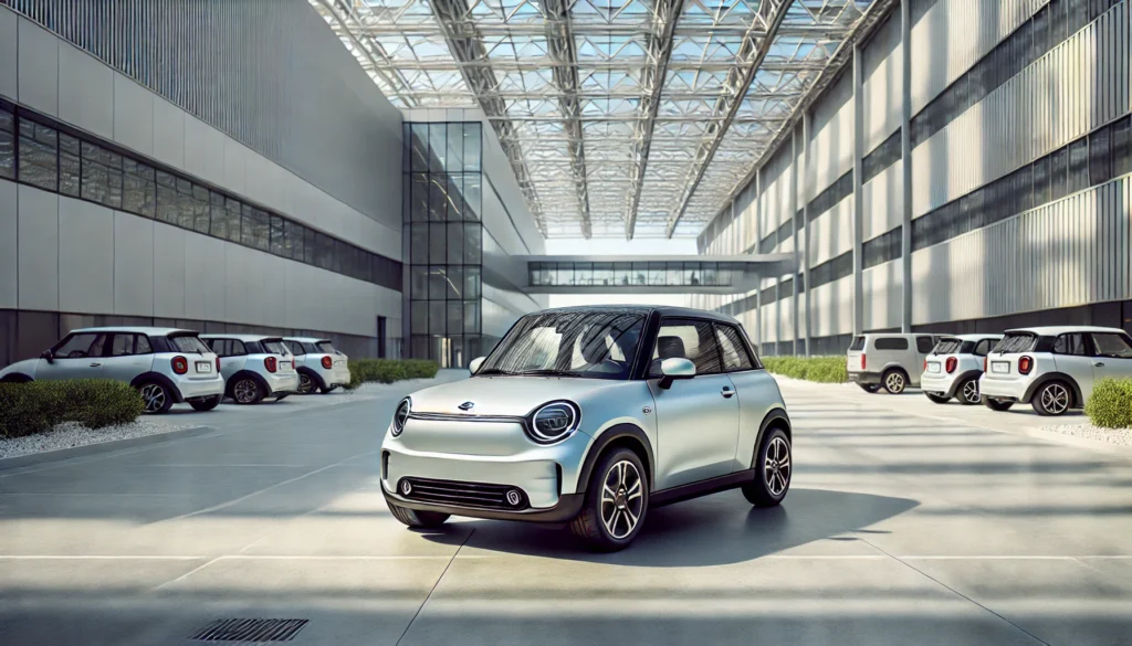 Mini carro el&eacute;trico compacto estacionado em complexo industrial moderno, com design urbano e propor&ccedil;&otilde;es reduzidas.