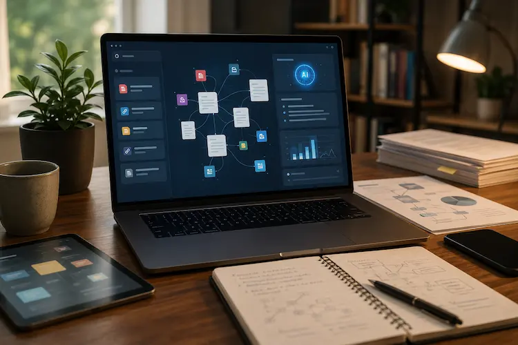 Notebook aberto em uma mesa de estudo exibindo uma interface abstrata de organização de fontes, documentos e insights com inteligência artificial, ao lado de caderno, papéis e tablet.