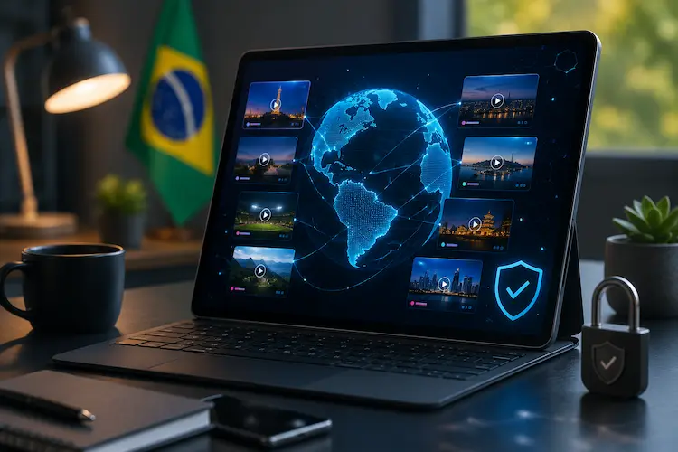 Laptop exibindo interface de TV online com globo digital, miniaturas de transmissões ao vivo e ícone de segurança em uma mesa de trabalho.