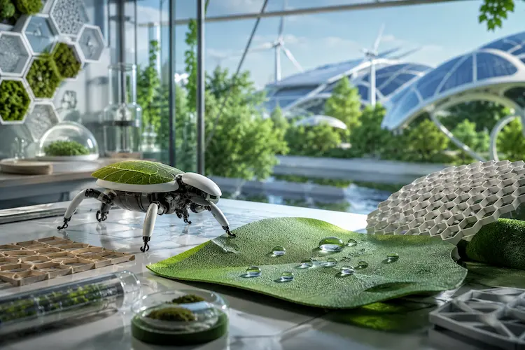 Robô bioinspirado sobre folha com gotas de água em laboratório futurista, com estruturas sustentáveis, painéis solares e elementos naturais ao fundo.