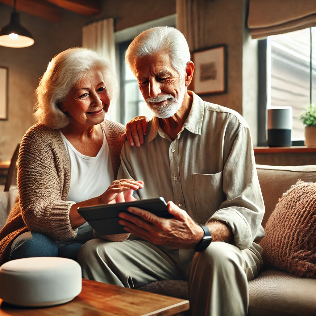 Casal idoso explorando a tecnologia juntos em um tablet moderno.
