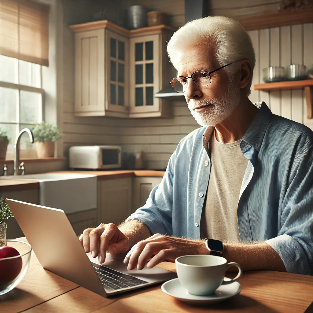 Idoso aprendendo no computador em um ambiente tranquilo e iluminado.