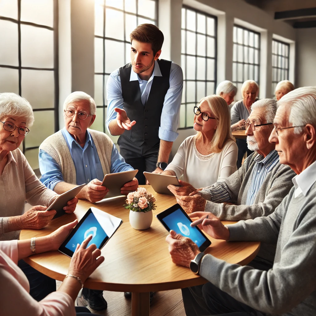 Aula de tecnologia com idosos em grupo, aprendendo com tablets.