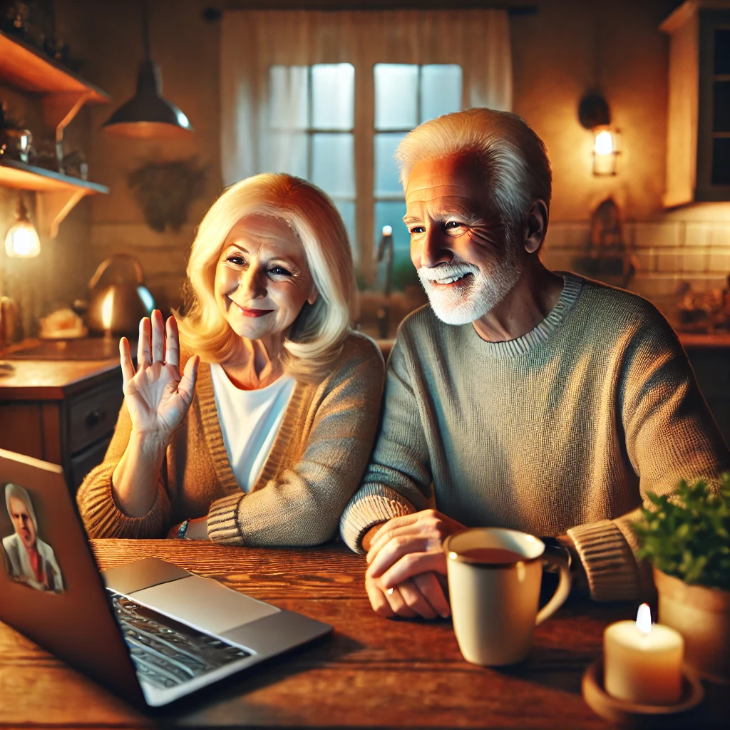 Casal idoso participando de videochamada noturna com familiares.
