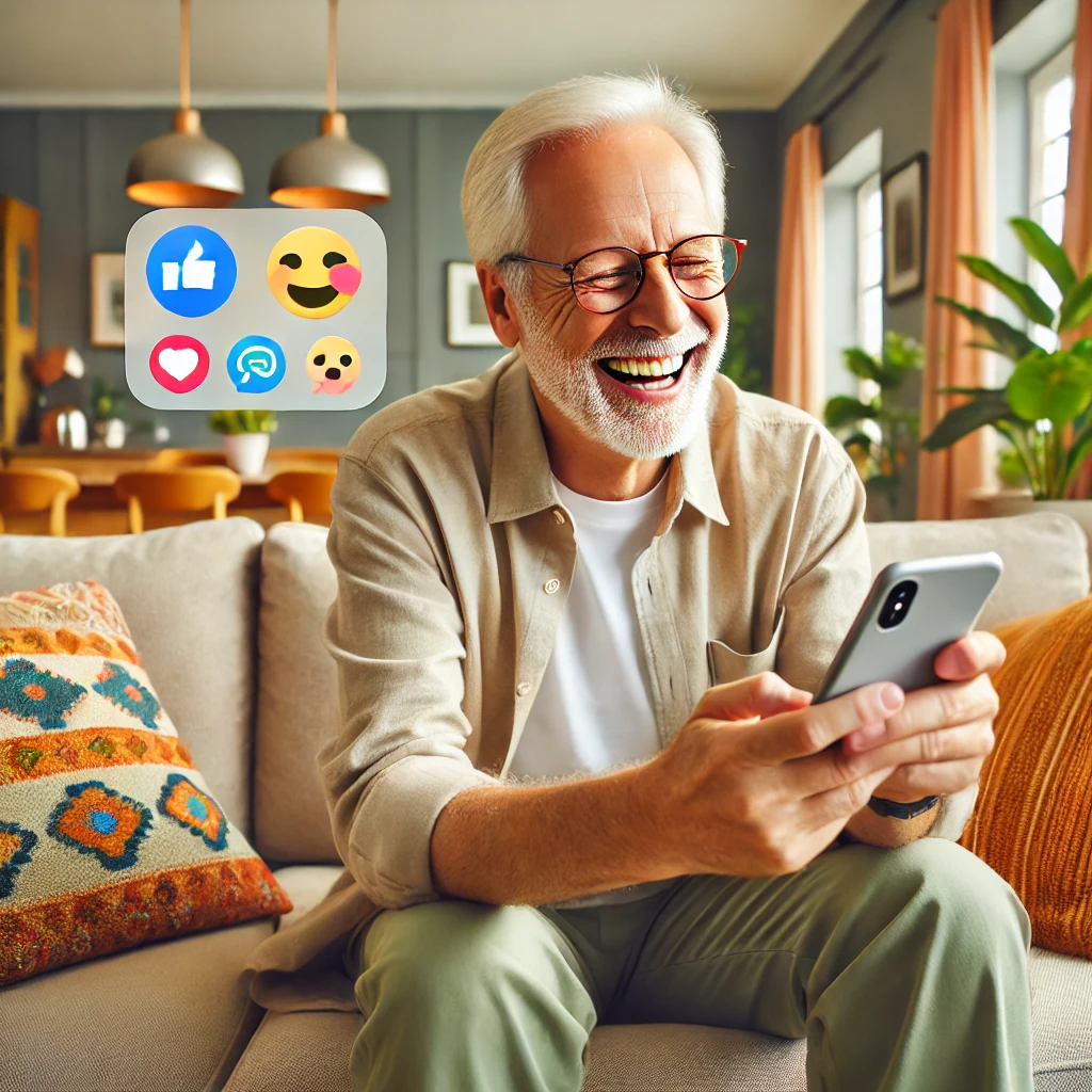 Idoso se divertindo com redes sociais e emojis no celular.