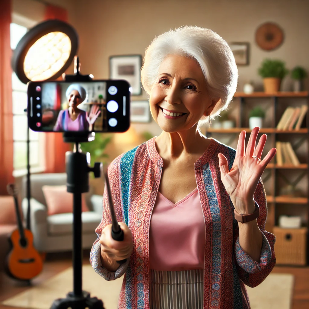 Idosa criando conte&uacute;do para redes sociais com carisma e autenticidade.