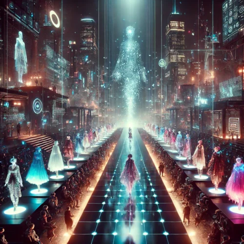 desfile de moda no metaverso, com modelos-avatars usando roupas digitais extravagantes
