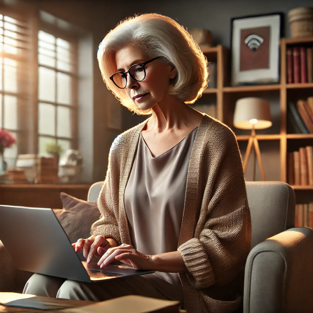 Mulher idosa navegando na internet com atenção e autonomia.